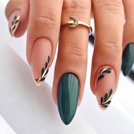 24Pcs French Fake Nails Short, Almond Press on Nails Simple Green Leaves False Nails with Design, Acrylic Reusable Full Cover Glue on Nails for Women Girls Nail Art Accessories