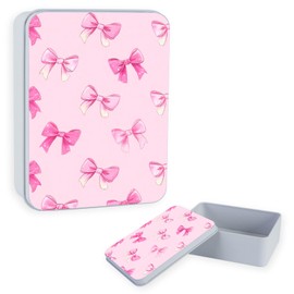 DISUOFEART Metal Tin Box with Lid, Cute Pink Bow Sturdy Decorative Metal Storage Container, Durable Printed Tin Case for Gifts, Crafts, Small Items, Home & Office Organization