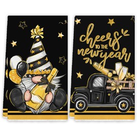 Happy New Year Kitchen Towels Black Gold Gnome New Years Eve Dish Towels New Year 2025 Decor Happy New Year Party Decorations for Home Party