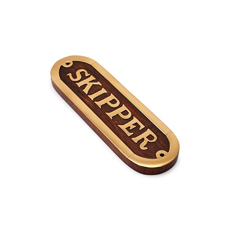 NKlaus Maritime Door Sign Skipper Brass and Wood 17 x