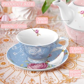 London Boutique Tea Cup and Saucer Set 1 Afternoon Tea Set New Bone China Vintage Flora Gift Box 200m (Blue)