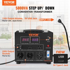 VEVOR Voltage Converter Transformer, 5000W, Heavy Duty Step Up/Down Transformer, Convert from 110 Volt to 220 Volt and from 220 Volt to 110 Volt, with US Outlet EU Outlet 5V USB Port, CE Certified