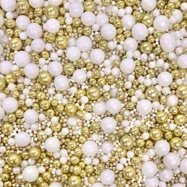Metallic Gold and shimmer White sprinkle mix blend balls cupcakes pearls 100s and 1000s pearlescent decoration cakes wedding hen anniversary birthday party celebration edible topper CHAMP POP