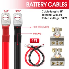 1/0 AWG Gauge Battery Cable 0 Gauge Power Inverter Cables with 3/8 Inch lugs for Solar Marine RV Car Truck Tractor Motorcycle (1FT, with 0/2/4/6/8 AWG Connectors)