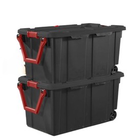 Emny Modern Plastic & Metal 40 Gallon Lidded Home Storage Bins, Stackable Industrial Storage Containers Tote, Organizing Tote Tub Box with Wheeled, Moving Boxes, Set of 2, Black
