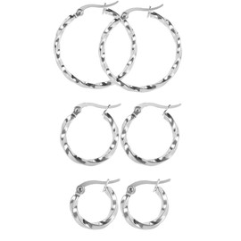 Pargleev 3 Pairs Twisted Stainless Steel Hoop Earrings Set for Girls Women,Silver