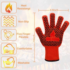 Oven Gloves Grill Gloves, 1472℉ Heat Proof Non-Slip Grill Oven Gloves with Fingers, Men & Women BBQ Accessories for Cooking, Barbecuing, Baking, Kitchen and Cutting - 1 Pair Orange（11inch）
