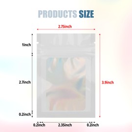 50 Pcs White Mylar Bags 2.7x3.9 Inch with Clear Window - Holographic Resealable Foil Pouch Packaging for Food Storage, Jewelry, Lip Gloss, and Small Business Use