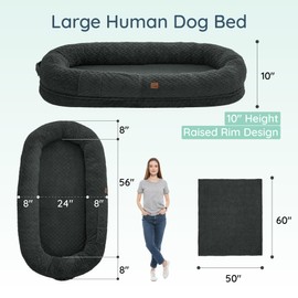 Human Dog Bed for Adult - Luxury Faux Fur Giant Size Dog Bed with Portable Handle, Egg Orthopedic Foam with Blanket, 72"x40"x10", Dark Grey