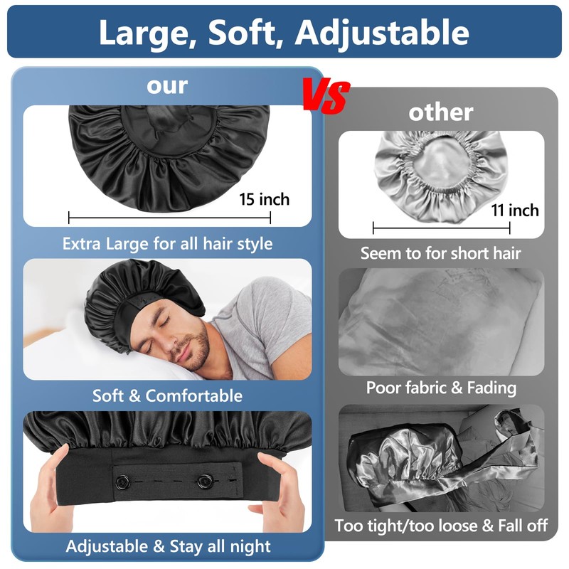 Silk Bonnets for Men, Satin Bonnet for Sleeping, Adjustable Hem
