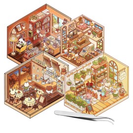 Xinlon Set of 4 DIY 3D House Stickers with Tweezer, Stickers Children, Miniature House Cute Stickers DIY Scene Stickers, 3D Sticker Scene, 3D Cartoon Miniature Scene Stickers for Children, Gift for