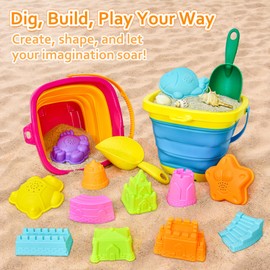 Aclarastra Collapsible Beach Sand Toys for Kids - Travel Beach Toys with 2 Collapsible Beach Buckets, Mesh Bags, Sand Castle Molds, Sand Bucket Shovel Set Sandbox Toy for Kid Toddler 3-5-7