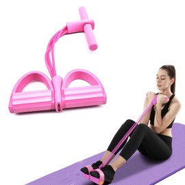 Norhogo 4 Tubes Elastic Sit Up Pull Rope with Foot Pedal, Multifunction Resistance Training Exerciser, 4-tube foot pedal resistance band for Home Use for Home Gym Yoga, Fitness, pink