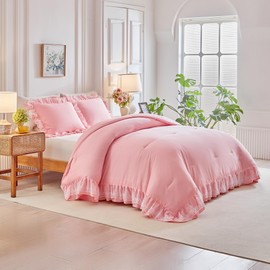 Joyreap Twin Size Comforter Set Pink, 3pcs Lace Ruffled Bedding Comforter Set, Microfiber Vintage Boho Chic Bedding Set for All Season- 68x88 inches