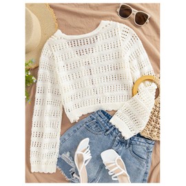 SHENHE Women's Tie Front Hollow Out Cover Up Summer Boho Knit Cardigan Crop Tops Beige Medium