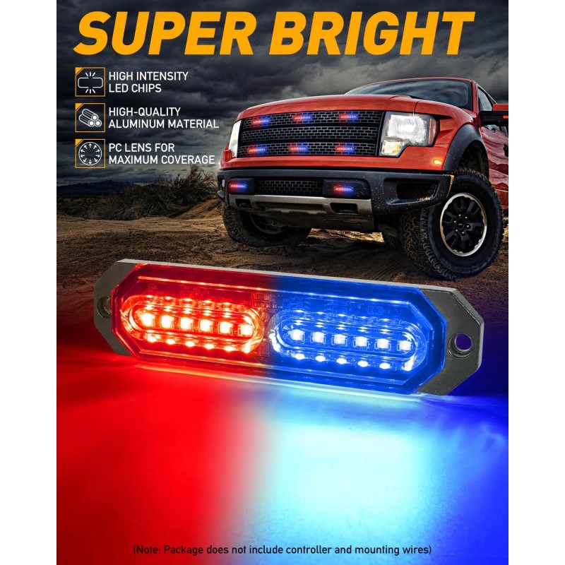 Red Blue Emergency Strobe Grille Lights 8pcs 12 LED Sync