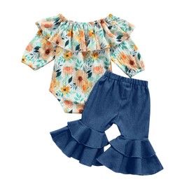 VISGOGO Baby Bell Bottoms Toddler Newborn Girl Outfits Fall Winter 3 6 9 12 18 Months Floral Print Flare Pants for Girls (Dark Blue, 3-6 Months)