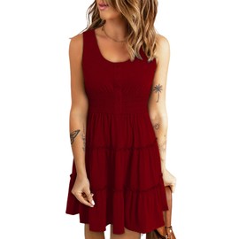 Dokotoo Summer Dresses for Women 2025 Cute Button Down Smocked Elastic Empire Waist Ruffle Tiered Sleeveless Lightweight A-Line Casual Sundresses for Women Swing Mini Simple Sun Dress Red Medium