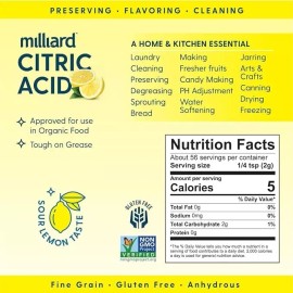100% Pure Milliard Citric Acid Fine 100% Pure Food Grade NON-GMO Project VERIFIED, 4 oz