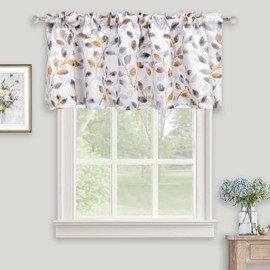 Inselnwald Watercolor Leaves Print Valance for Windows, Grey Floral Printed Short Curtains Valances Rod Pocket for Kitchen Bathroom Cafe Window Treatment 52 x 18 Inches, Orange/Gray