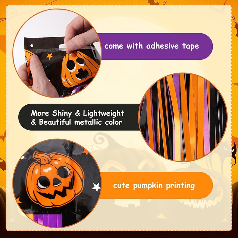 4Pcs Halloween Banner Decorations, 39Ft Pumpkin Foil Fringe Tinsel Streamer
