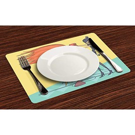 Ambesonne Hair Salon Place Mats Set of 4, Funny Cartoon Illustration of Day in Beauty Salon Hairdresser wit Blow Dryer, Washable Fabric Placemats for Dining Room Kitchen Table Decor, Multicolor