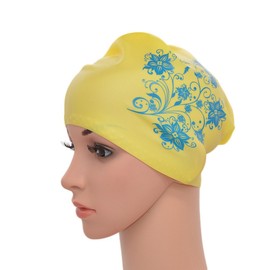 Medifier Damen Badekappe, elastisch, Silikon, für langes Haar, für Erwachsene, mit Blumenmuster, gelb