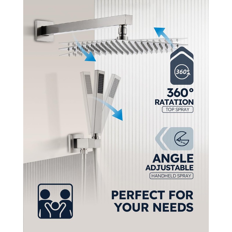 Arofa 12 Inch Shower Faucet Set, Brushed Nickel Rain Shower