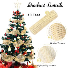 JKJG Christmas Tree Ribbon, Christmas Mesh Ribbon Wired Ribbon Christmas Ribbon for Christmas Tree Gift Craft Ornaments Decoration (26cm×10feet) (Gold)