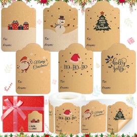 300Pcs Christmas Name Tags Stickers, Self Adhesive Christmas Gift Tag Stickers, Kraft Christmas Stickers Labels, Perfect for Decorating Holiday Presents, Cards, Bags, Gift Boxes, 2 x 3 Inch, 6 Designs