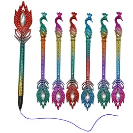 Lopenle 12 PCS Dazzling Peacock Pens Feather Pen With Diamond Colored Phoenix Pens 0.5 Blue Ink Gel Pens For School Office Birthday Christmas Party