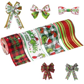 Christmas Ribbon Wired, 4 Roll Christmas Ribbon for Wreaths Bows DIY, Christmas Green Glitter Stripe Plaid Ribbon with Wire for Wreaths Bows Christmas Decor DIY Crafts (4pcs)