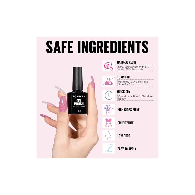TOMICCA UV Nagellack Glitzer Rosa Set, 4 Farben Transparenter Rosa