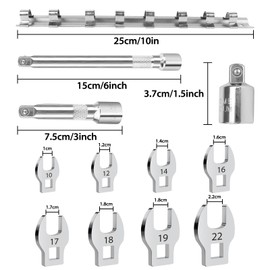 Filltown 11Pcs Crows Foot Spanner Set, Crowfoot Wrench Set, Metric Silver Wrench Heads, 10mm/12mm/14mm/16mm/17mm/18mm/19mm/22mm Replaceable Flare Nut Wrenches Spanners for Fasteners with Sleeve Tools