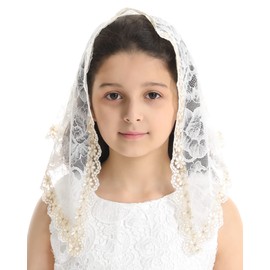 Mantveil First Communion Veil for Toddler/Little Girl Flower Embroidered Lace Triangle Chapel Veil Mantilla Latin Mass Church Veil for Catholic