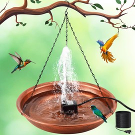 24.8 Extra Large Hanging Bird Bath with 8W Fountain Pump, 14" Copper Metal Bird Bath Bowl with Adjustable 3 Water Flow Modes and 2 Spray Nozzles, Birdbath Feeder for Outdoor Garden Backyard Patio Lawn