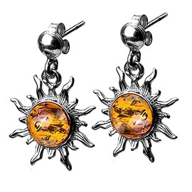Honey Amber Sterling Silver Flaming Dangle Stud Sun Earrings