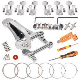 JIUWU Guitar Bridge Tremolo Tailpiece Replacement Mini Self Locking Rotomatic Tuner for Electric Guitar, with Guitar String, String Cutter and Screwdriver, Silver