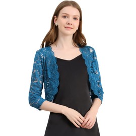 Allegra K Women's Elegant 3/4 Sleeve Sheer Floral Lace Shrug Top X-Small Lake Blue