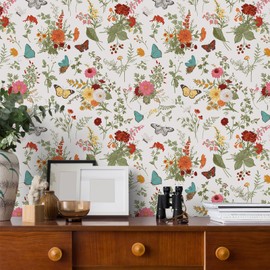 VEELIKE Herbs Floral Wallpaper Stick and Peel Vintage Butterflies Marigolds Floral Contact Paper for Walls Cabinets Shelves 17.7''x354'' Removable Boho Floral Wall Paper for Bedroom Bathroom Nursery