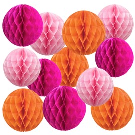 prxififeq Hot Pink Orange and Pink Paper Honeycomb Balls,6 and 10 inch Hanging Tissue Pompoms,12 Pack Party Decorations