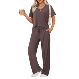 Ekouaer Lounge Sets for Women Ribbed Pajama Set Short Sleeve Top and Long Pants Set with Pockets Sleep Set