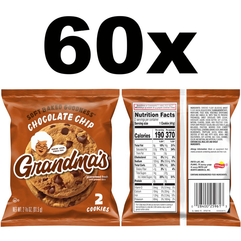 Grandma's Cookies, Chocolate Chip, 2.5 Ounce (Pack of 60)