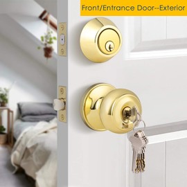 Brotima 4 Pack Round Polished Brass Entry Door Knobs and Deadbolt Combination Set, Double Cylinder Deadbolt Door Lock Set, Keyed Alike, ANSI Grade 3 Security, 250,000 Cycles
