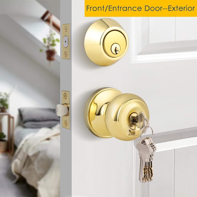 Brotima 4 Pack Round Polished Brass Entry Door Knobs and