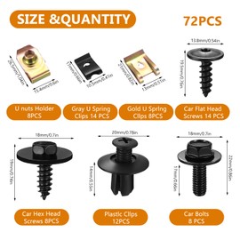 72x Screw and Nut Clip Kit, Car Screws and Clips, U Clips Car Screw Base, Car Screws and Bolts, Auto Body Fender Screws Car Bumper Screws, U Type Fastener Clips for Car Fender Engine Undertray Screws