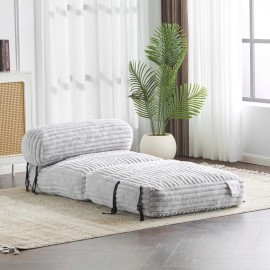 GDF Studio Convertible Bean Bag Chair Bed Light Gray Faux Fur w/ Pillow Shredded Foam