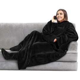 PAVILIA Fleece Blanket with Sleeves, Foot Pockets for Women Men Adults, Plush Wearable Blanket Throw Wrap, Warm Snuggle Blanket Robe, Cozy Gift Ideas Wife Mom, Black