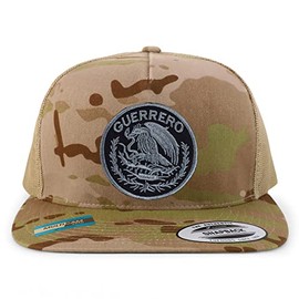 Trendy Apparel Shop Guerrero Mexico Patch 5 Panel Flatbill Trucker Cap - Multicam Tan - Charcoal Patch