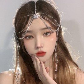 Xerling Boho Layered Tassel Head Chains for Women Silver Crystal Bridal Headpiece for Wedding Bling Rhinestone Hair Accessories Head Jewelry for Girls